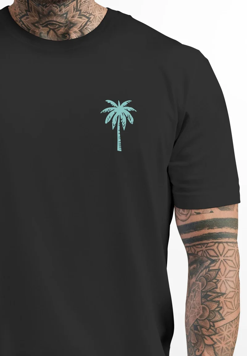 Herren T-Shirt Palmen Print – Sommer Shirt mit Brustlogo – Kurzarm Rundhals aus Baumwolle – Casual Streetwear Style
