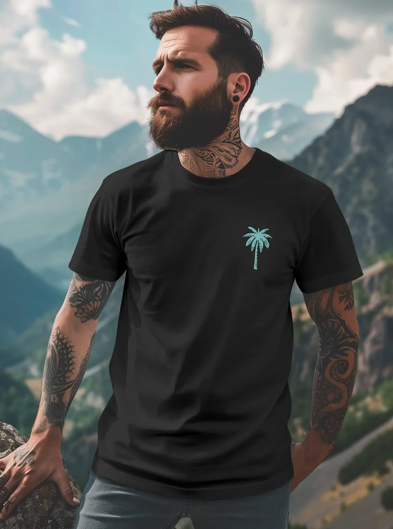 Herren T-Shirt Palmen Print – Sommer Shirt mit Brustlogo – Kurzarm Rundhals aus Baumwolle – Casual Streetwear Style