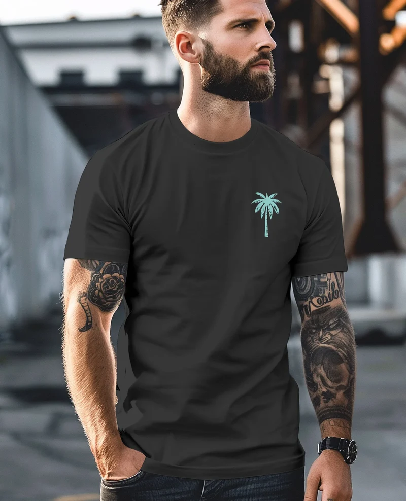 Herren T-Shirt Palmen Print – Sommer Shirt mit Brustlogo – Kurzarm Rundhals aus Baumwolle – Casual Streetwear Style