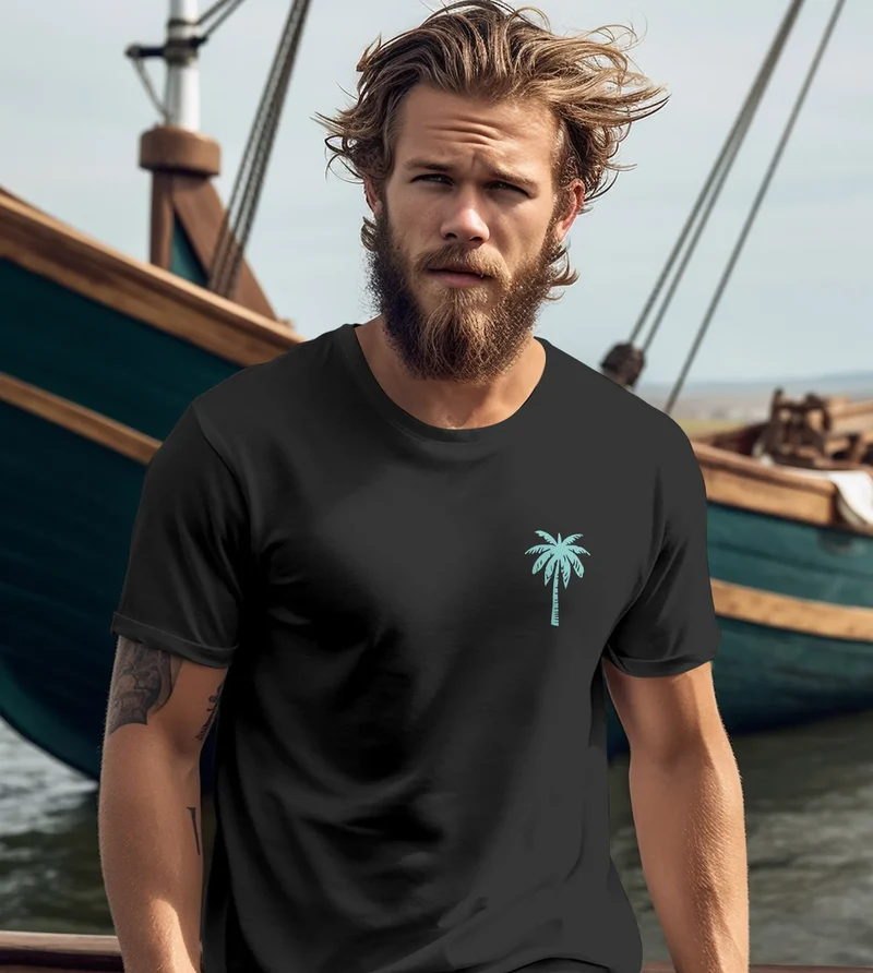 Herren T-Shirt Palmen Print – Sommer Shirt mit Brustlogo – Kurzarm Rundhals aus Baumwolle – Casual Streetwear Style