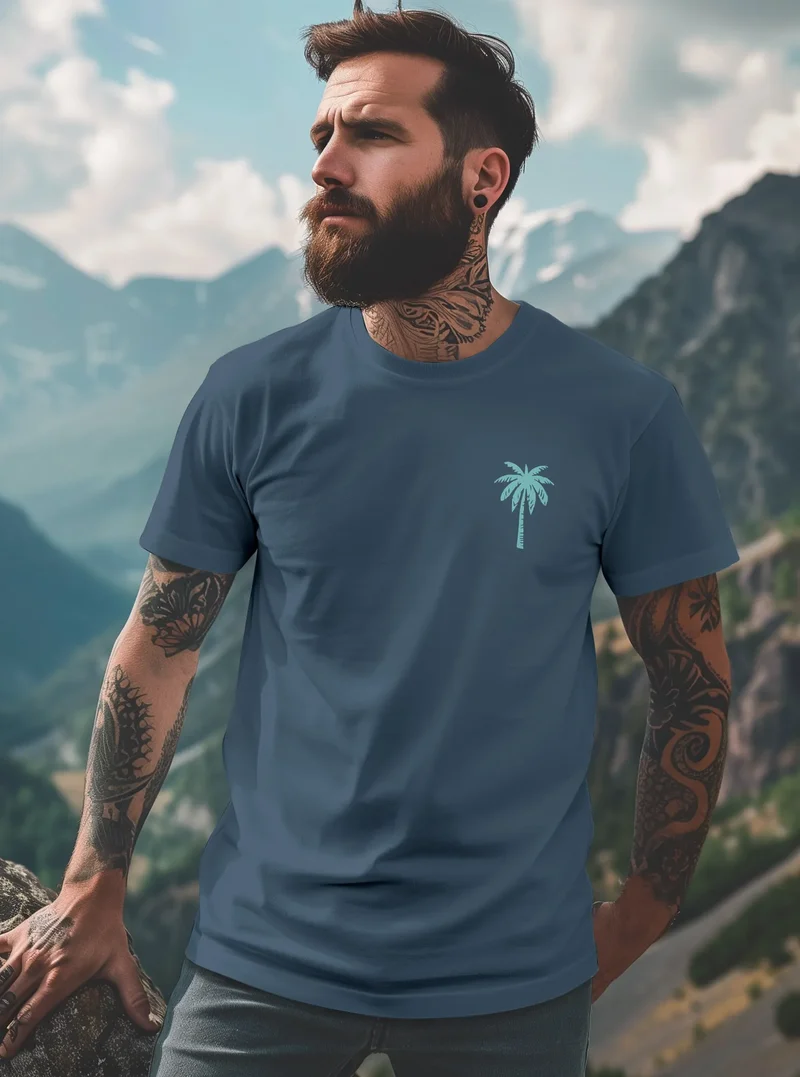 Herren T-Shirt Palmen Print – Sommer Shirt mit Brustlogo – Kurzarm Rundhals aus Baumwolle – Casual Streetwear Style