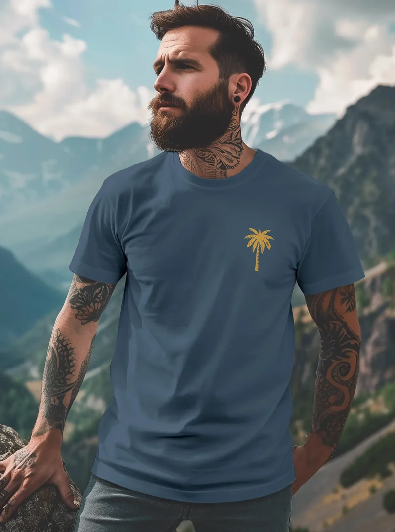 Herren T-Shirt Palmen Print – Sommer Shirt mit Brustlogo – Kurzarm Rundhals aus Baumwolle – Casual Streetwear Style