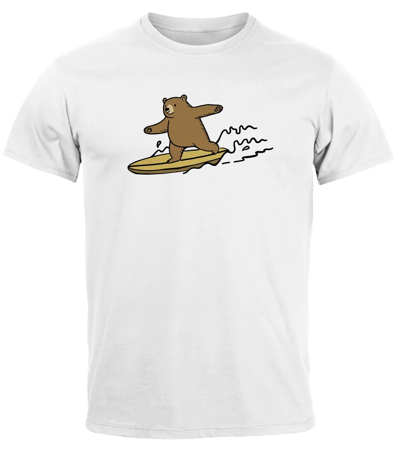 Herren T-Shirt Bär Print Surfer Surfboard Sommer Printshirt Grafikshirt Fashion Streetstyle