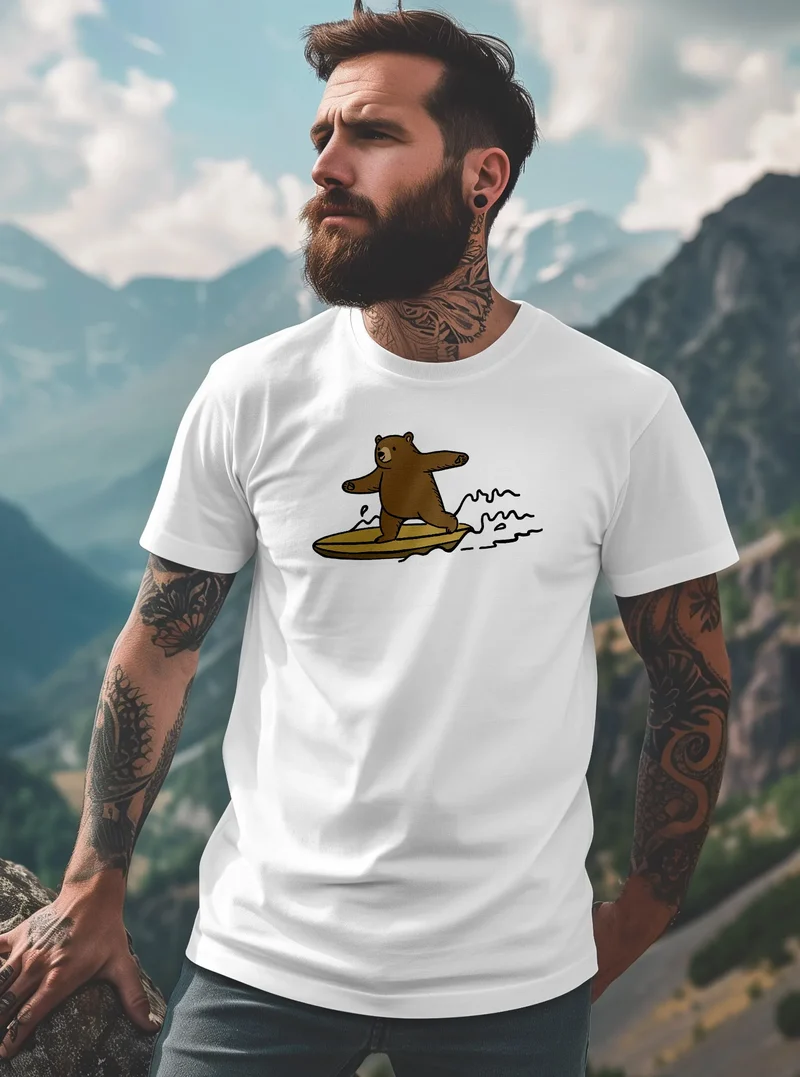 Herren T-Shirt Bär Print Surfer Surfboard Sommer Printshirt Grafikshirt Fashion Streetstyle