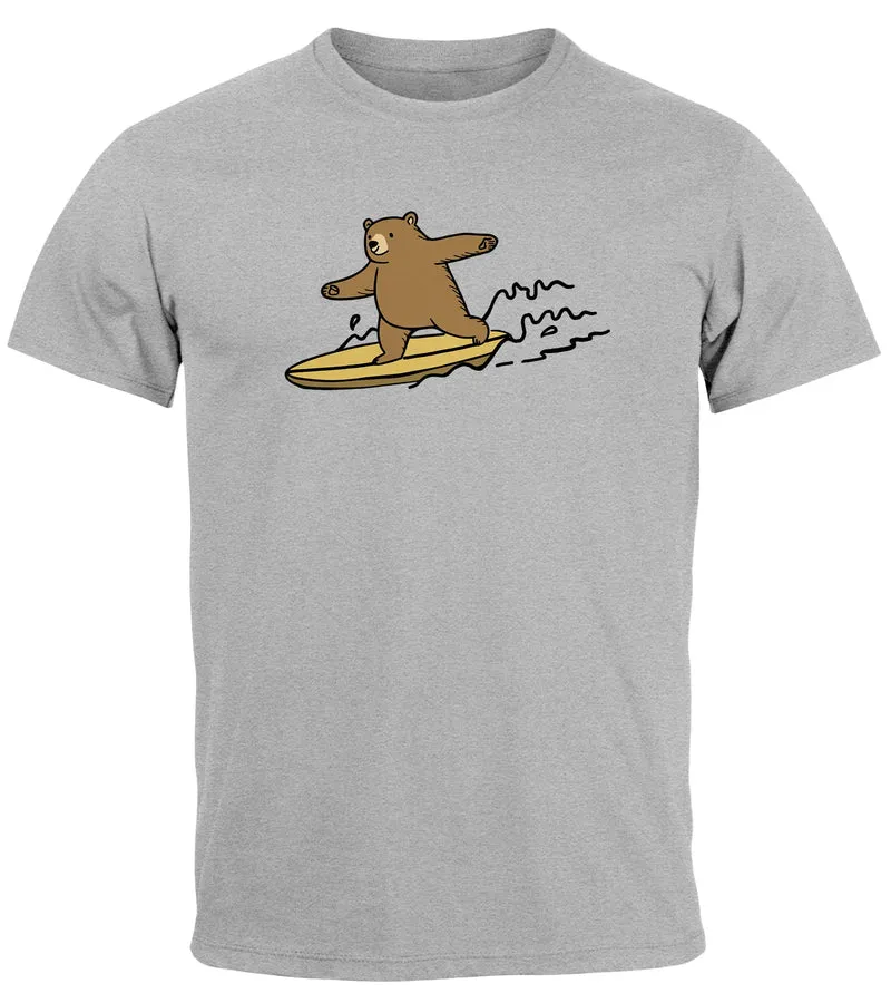 Herren T-Shirt Bär Print Surfer Surfboard Sommer Printshirt Grafikshirt Fashion Streetstyle