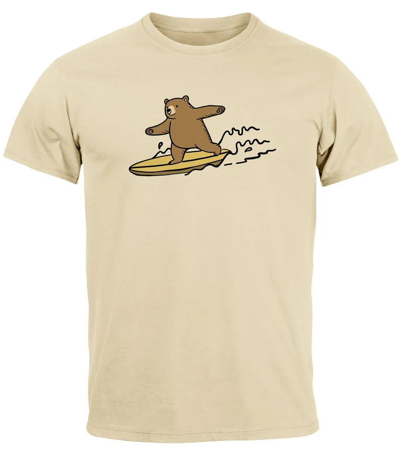 Herren T-Shirt Bär Print Surfer Surfboard Sommer Printshirt Grafikshirt Fashion Streetstyle