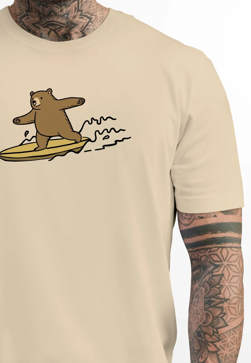 Herren T-Shirt Bär Print Surfer Surfboard Sommer Printshirt Grafikshirt Fashion Streetstyle