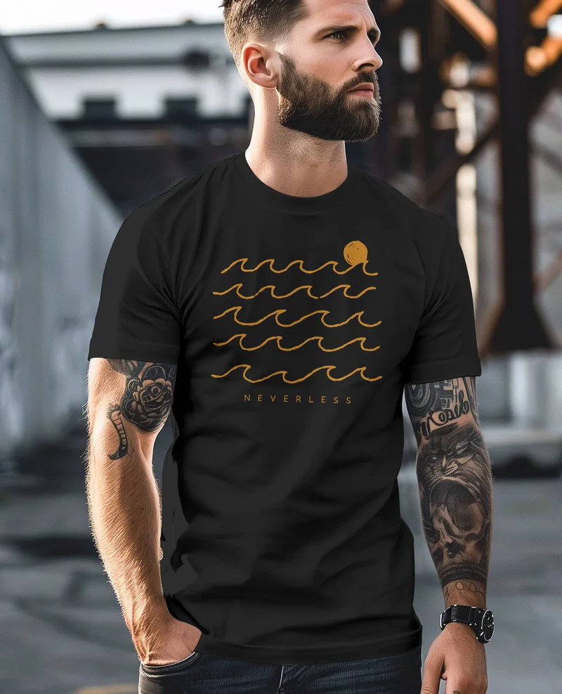 Herren T-Shirt Frontprint Wellen Sonne Meer Aufdruck Printshirt Sommer Fashion Streetstyle