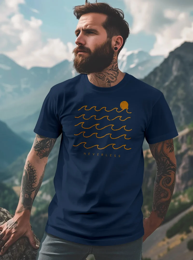 Herren T-Shirt Frontprint Wellen Sonne Meer Aufdruck Printshirt Sommer Fashion Streetstyle