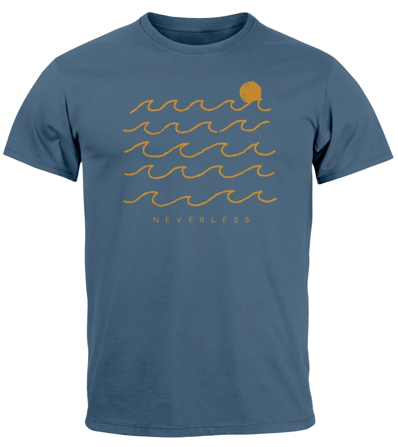 Herren T-Shirt Frontprint Wellen Sonne Meer Aufdruck Printshirt Sommer Fashion Streetstyle