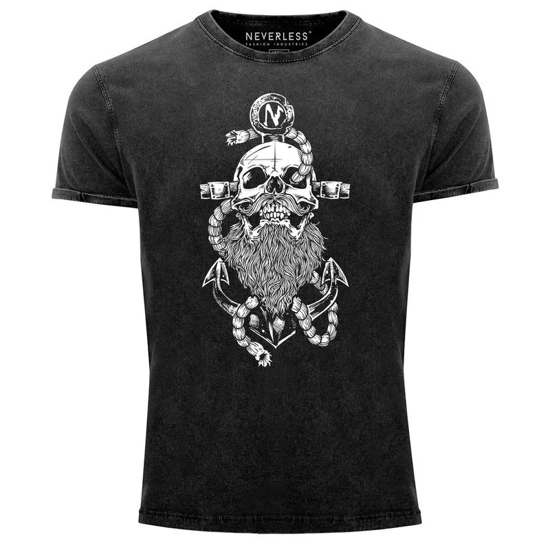 Herren Vintage Shirt Anker Skull Beard Totenkopf mit Bart Tau Seemann Printshirt Aufdruck Used Look