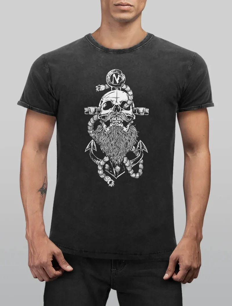 Herren Vintage Shirt Anker Skull Beard Totenkopf mit Bart Tau Seemann Printshirt Aufdruck Used Look