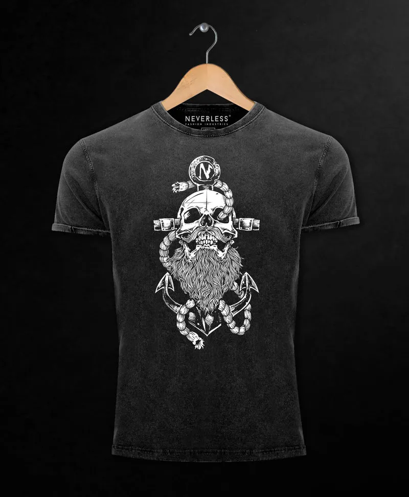 Herren Vintage Shirt Anker Skull Beard Totenkopf mit Bart Tau Seemann Printshirt Aufdruck Used Look