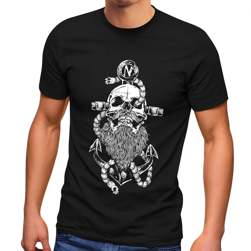 Herren T-Shirt Anker Skull Beard Totenkopf mit Bart Tau Seemann Fashion Streetstyle