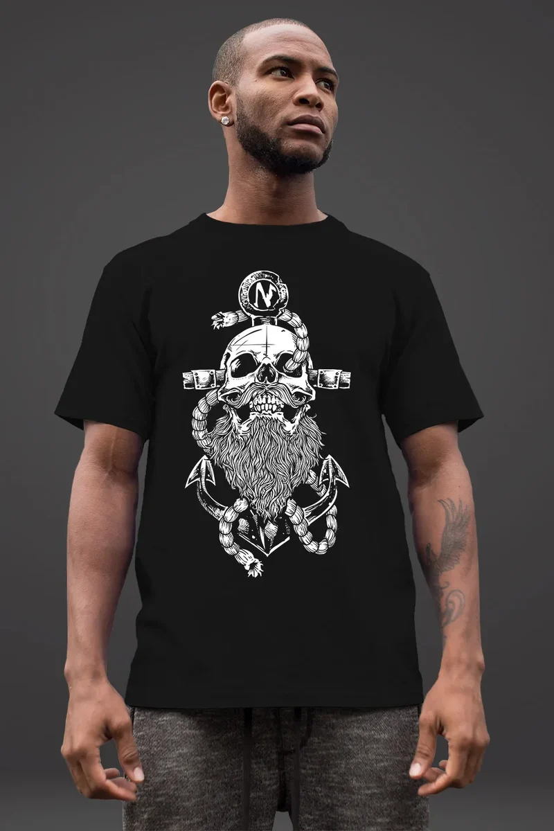 Herren T-Shirt Anker Skull Beard Totenkopf mit Bart Tau Seemann Fashion Streetstyle