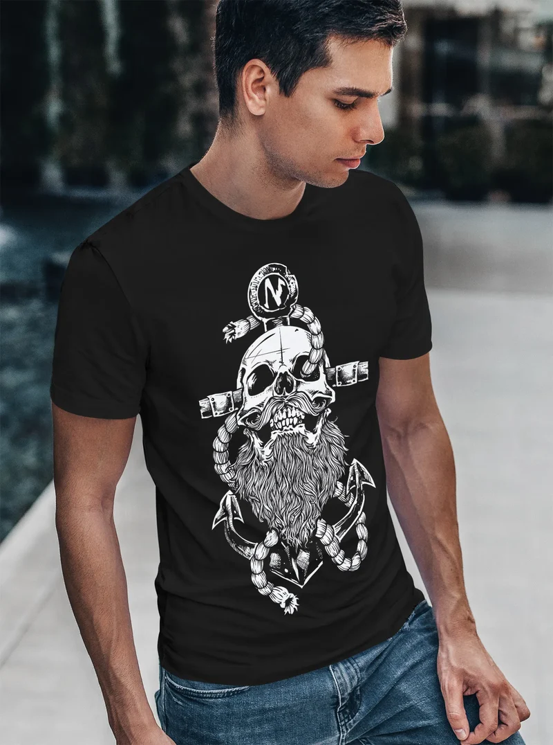 Herren T-Shirt Anker Skull Beard Totenkopf mit Bart Tau Seemann Fashion Streetstyle