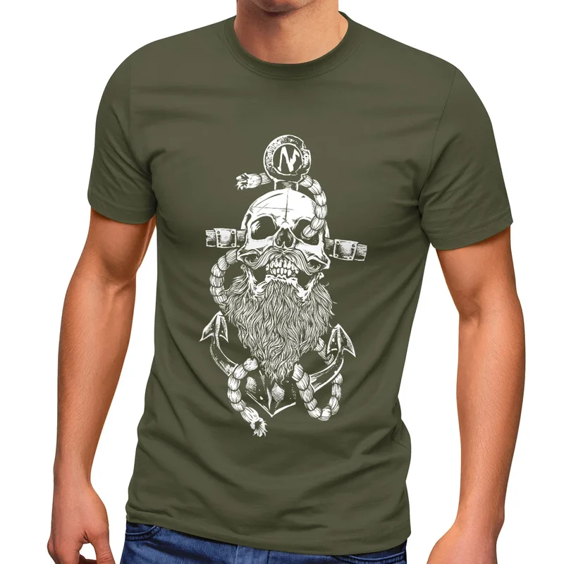 Herren T-Shirt Anker Skull Beard Totenkopf mit Bart Tau Seemann Fashion Streetstyle