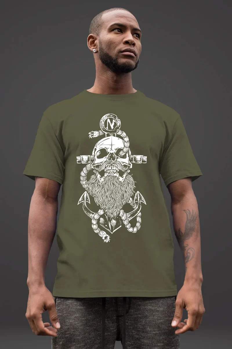 Herren T-Shirt Anker Skull Beard Totenkopf mit Bart Tau Seemann Fashion Streetstyle