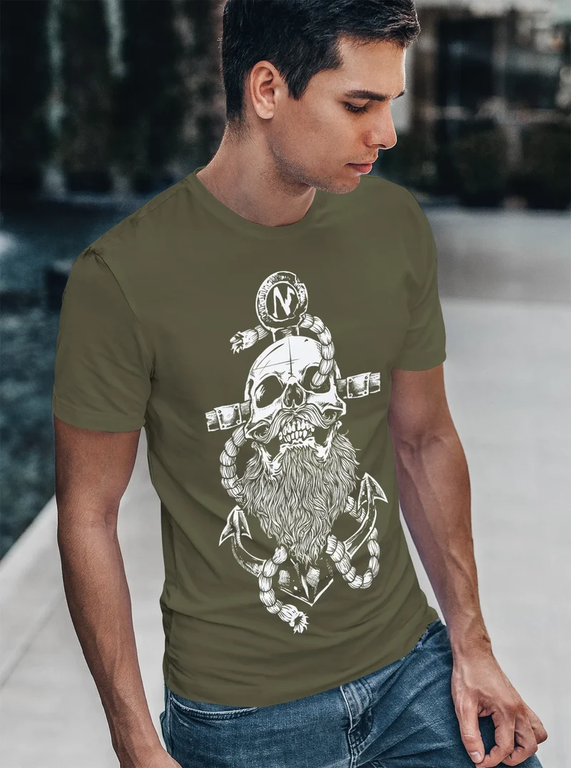 Herren T-Shirt Anker Skull Beard Totenkopf mit Bart Tau Seemann Fashion Streetstyle