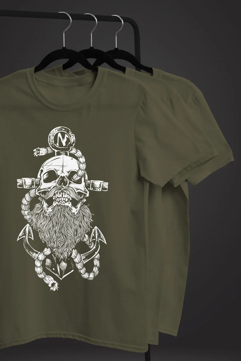 Herren T-Shirt Anker Skull Beard Totenkopf mit Bart Tau Seemann Fashion Streetstyle