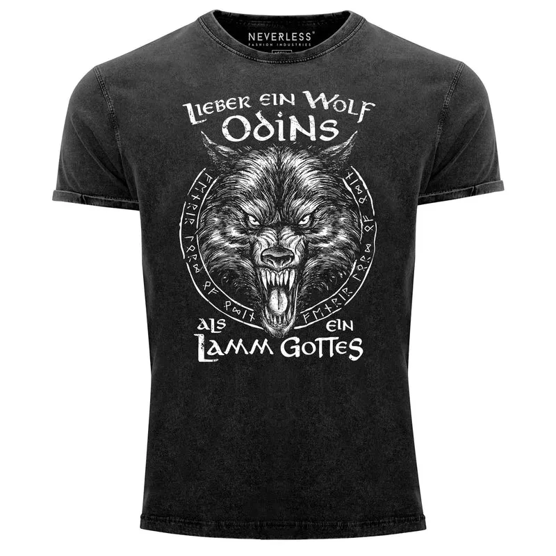 Herren Vintage Shirt Spruch Lieber ein Wolf Odins als ein Lamm Gottes Wikinger nordische Mythologie