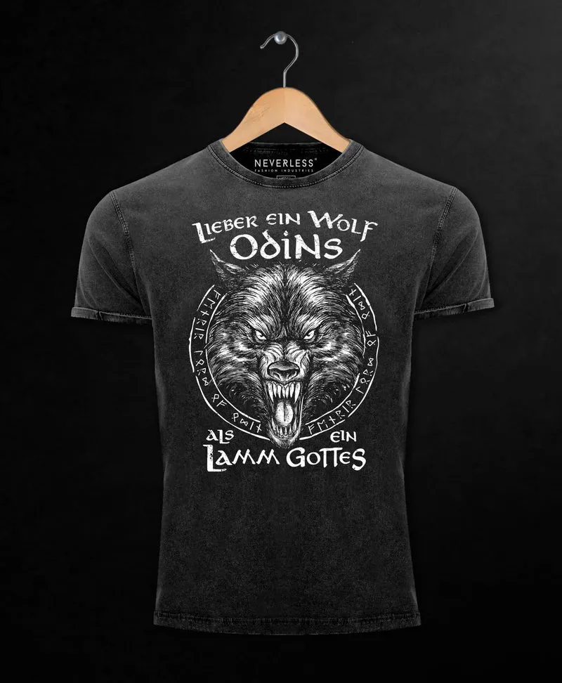 Herren Vintage Shirt Spruch Lieber ein Wolf Odins als ein Lamm Gottes Wikinger nordische Mythologie