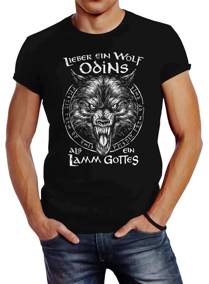 Herren T-Shirt Spruch Lieber ein Wolf Odins als ein Lamm Gottes Wikinger nordische Mythologie Fashion Streetstyle