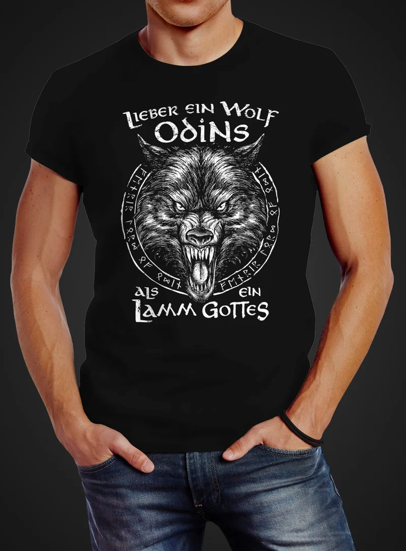 Herren T-Shirt Spruch Lieber ein Wolf Odins als ein Lamm Gottes Wikinger nordische Mythologie Fashion Streetstyle