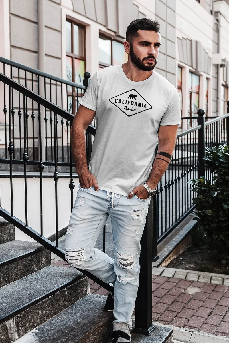 Herren T-Shirt California Republic Bear Badge Bär Sunshine State USA Fashion Streetstyle