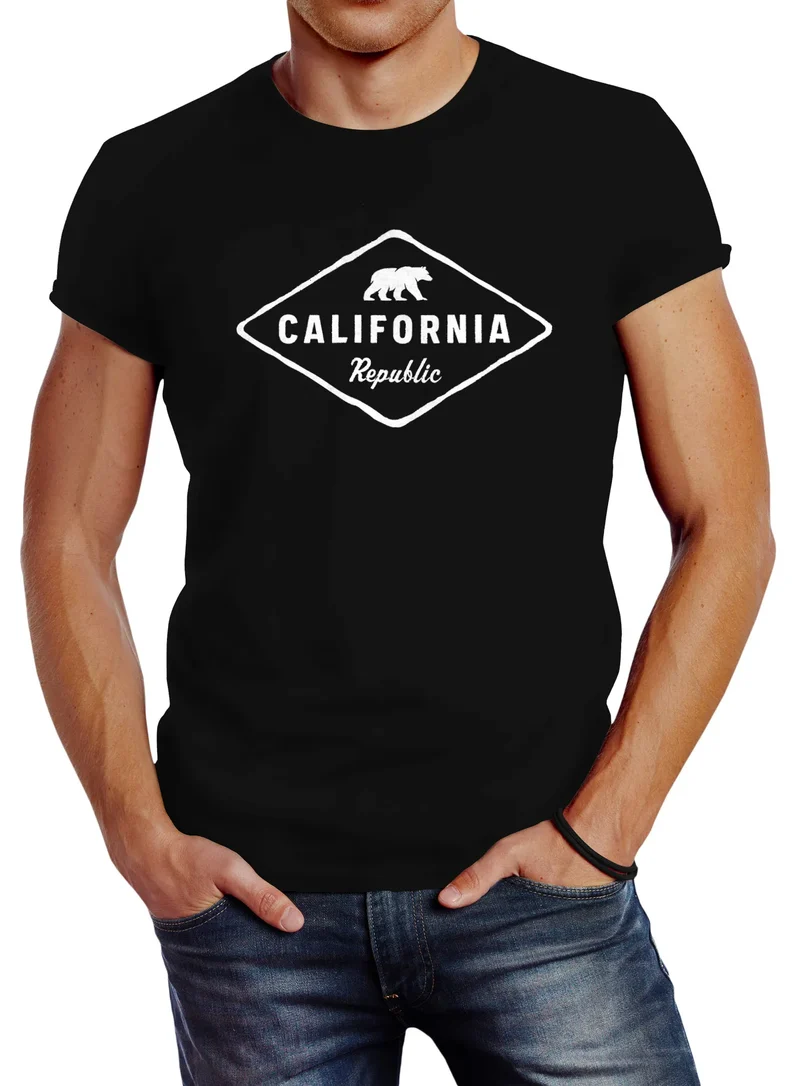 Herren T-Shirt California Republic Bear Badge Bär Sunshine State USA Fashion Streetstyle