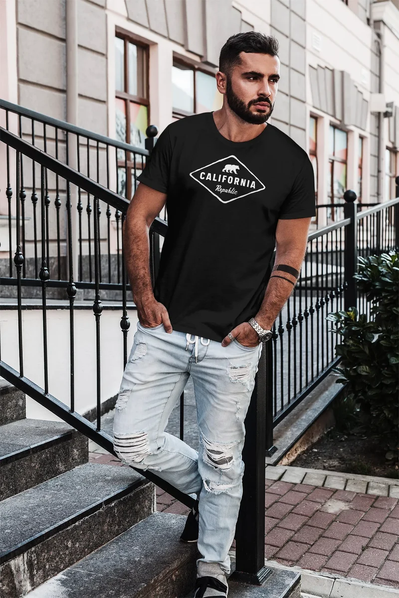 Herren T-Shirt California Republic Bear Badge Bär Sunshine State USA Fashion Streetstyle