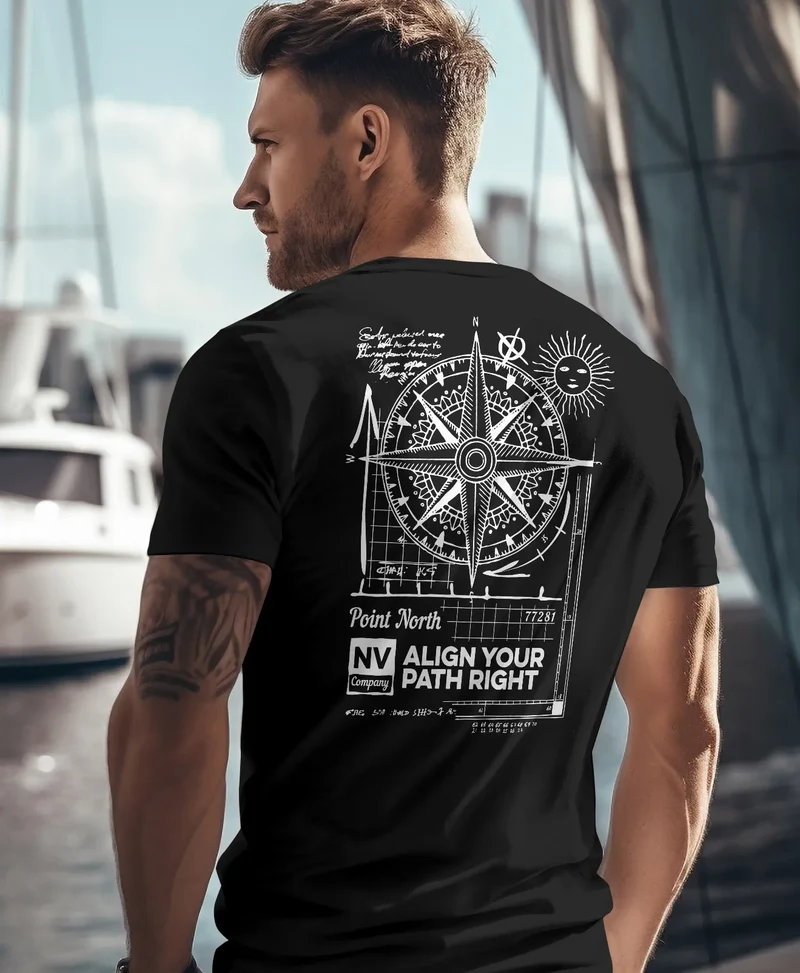 Herren T-Shirt Backprint Maritim Kompass Segeln Sommer Fashion Streetstyle