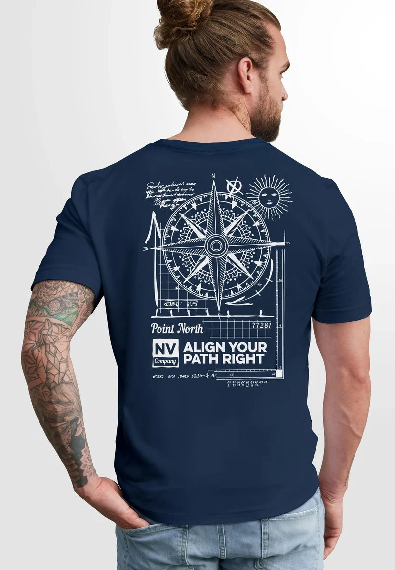 Herren T-Shirt Backprint Maritim Kompass Segeln Sommer Fashion Streetstyle