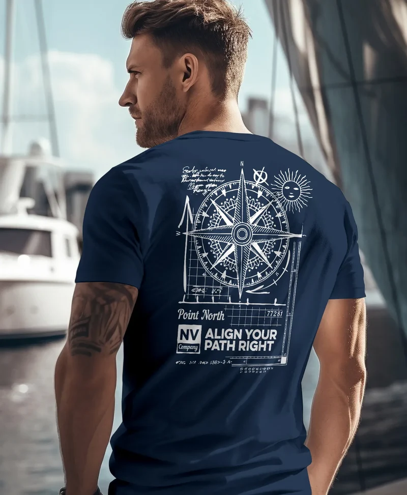 Herren T-Shirt Backprint Maritim Kompass Segeln Sommer Fashion Streetstyle