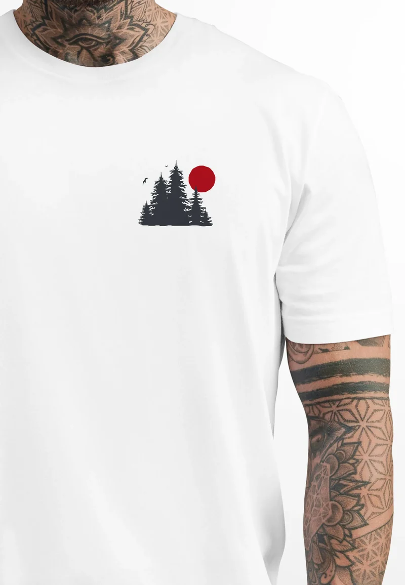 Herren T-Shirt Logo Print Wald Silhouette Natur Aufdruck Outdoor Fashion Basicshirt Streetstyle