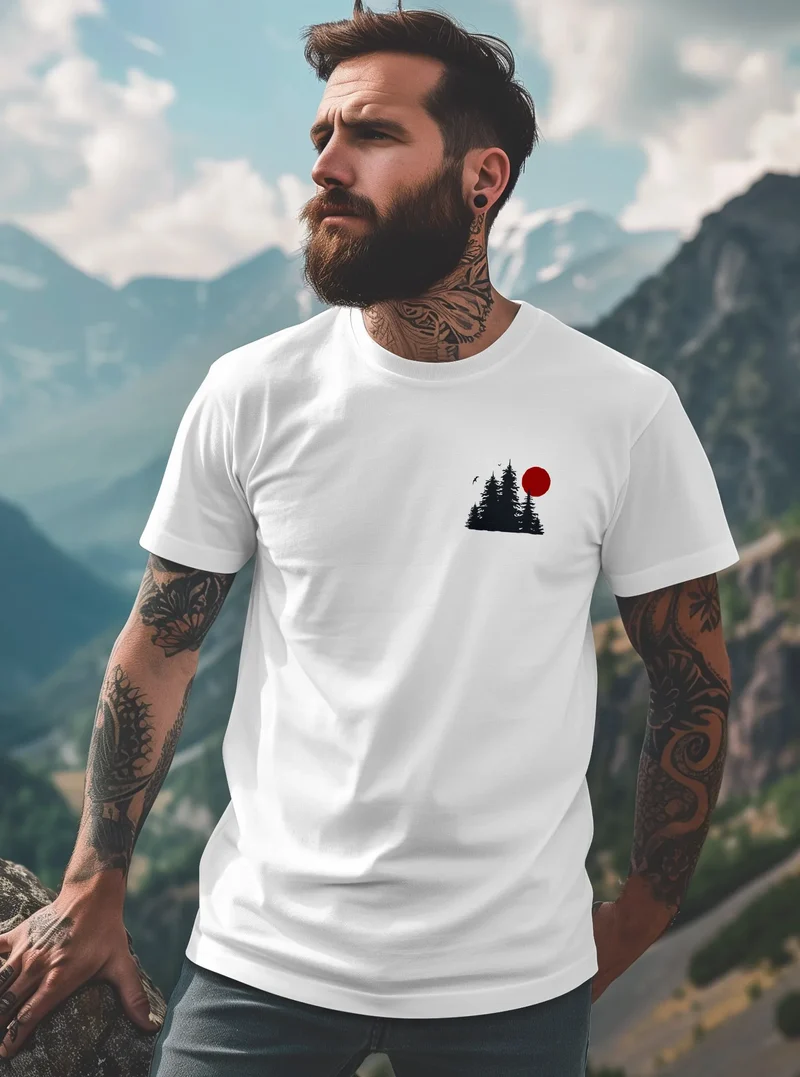 Herren T-Shirt Logo Print Wald Silhouette Natur Aufdruck Outdoor Fashion Basicshirt Streetstyle