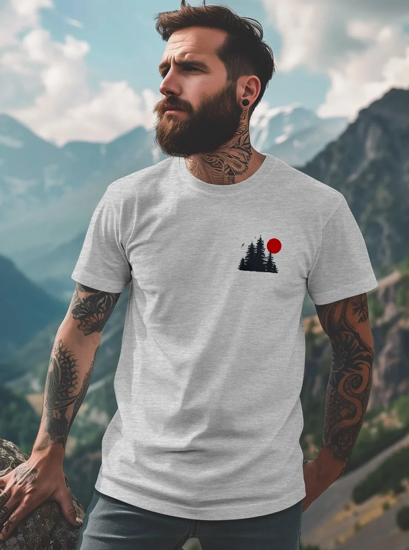 Herren T-Shirt Logo Print Wald Silhouette Natur Aufdruck Outdoor Fashion Basicshirt Streetstyle