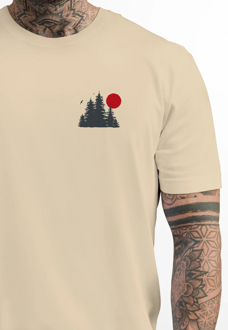 Herren T-Shirt Logo Print Wald Silhouette Natur Aufdruck Outdoor Fashion Basicshirt Streetstyle