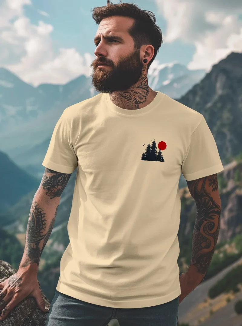 Herren T-Shirt Logo Print Wald Silhouette Natur Aufdruck Outdoor Fashion Basicshirt Streetstyle
