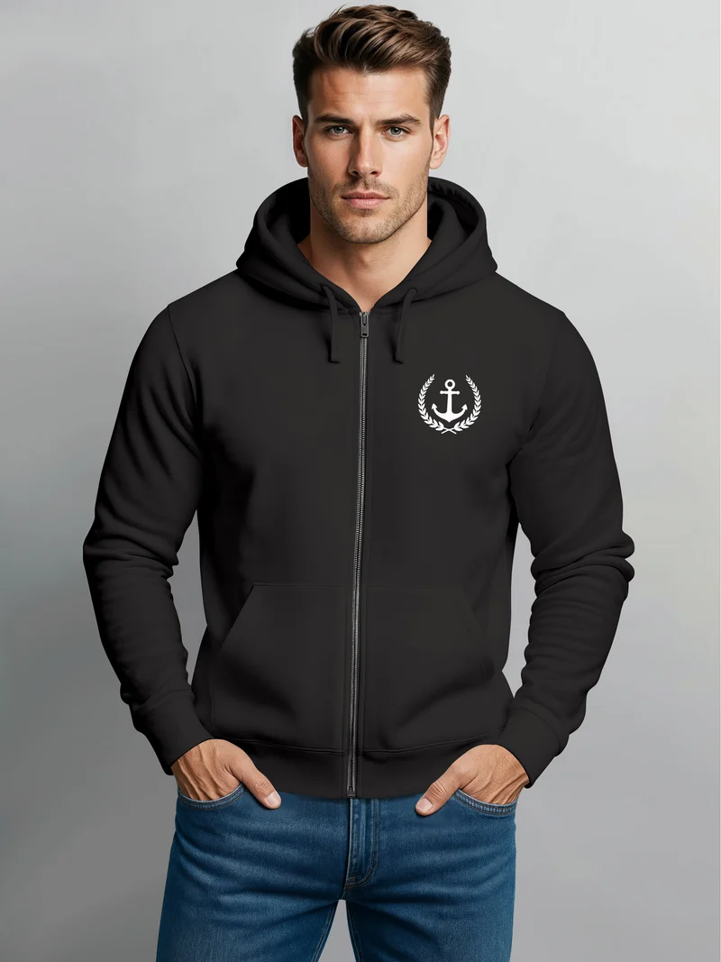 Herren Sweatjacke mit Kapuze Zip-Hoodie Motiv Anker Meer Boot Männer Fashion Streetstyle