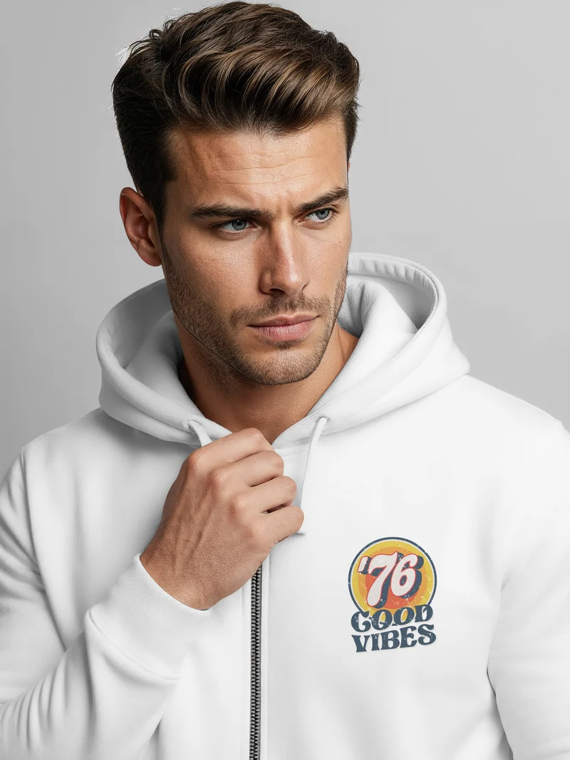 Zip-Hoodie Herren Retro Sweatjacke mit Kapuze Good Vibes Logo Motiv Zipjacke Männer Fashion Streetstyle