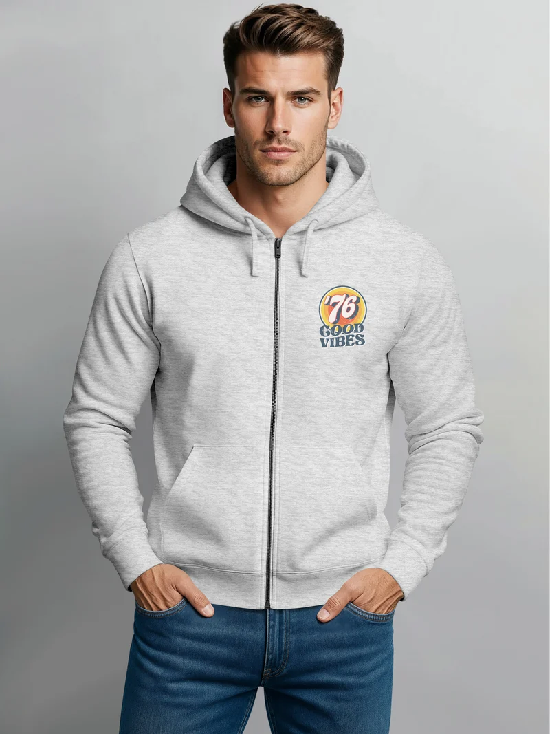 Zip-Hoodie Herren Retro Sweatjacke mit Kapuze Good Vibes Logo Motiv Zipjacke Männer Fashion Streetstyle