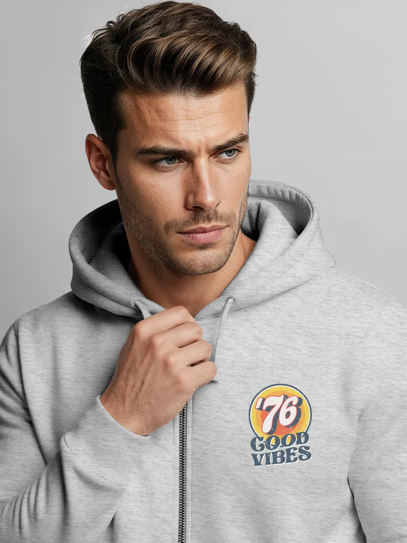 Zip-Hoodie Herren Retro Sweatjacke mit Kapuze Good Vibes Logo Motiv Zipjacke Männer Fashion Streetstyle