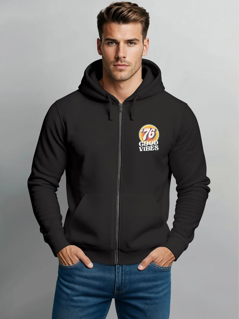 Zip-Hoodie Herren Retro Sweatjacke mit Kapuze Good Vibes Logo Motiv Zipjacke Männer Fashion Streetstyle