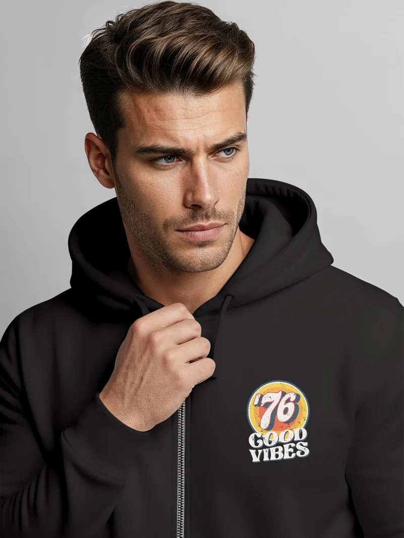 Zip-Hoodie Herren Retro Sweatjacke mit Kapuze Good Vibes Logo Motiv Zipjacke Männer Fashion Streetstyle