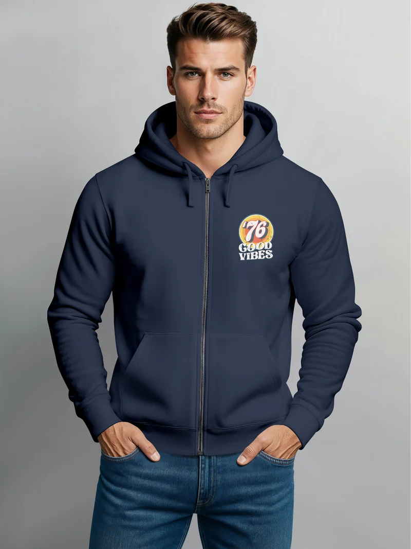 Zip-Hoodie Herren Retro Sweatjacke mit Kapuze Good Vibes Logo Motiv Zipjacke Männer Fashion Streetstyle