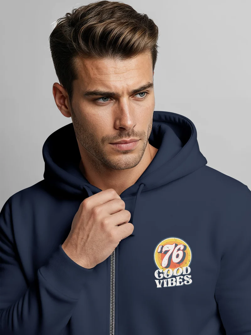 Zip-Hoodie Herren Retro Sweatjacke mit Kapuze Good Vibes Logo Motiv Zipjacke Männer Fashion Streetstyle