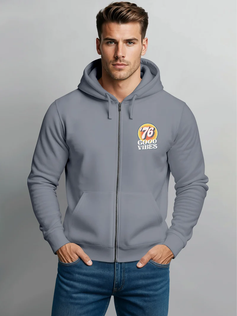 Zip-Hoodie Herren Retro Sweatjacke mit Kapuze Good Vibes Logo Motiv Zipjacke Männer Fashion Streetstyle