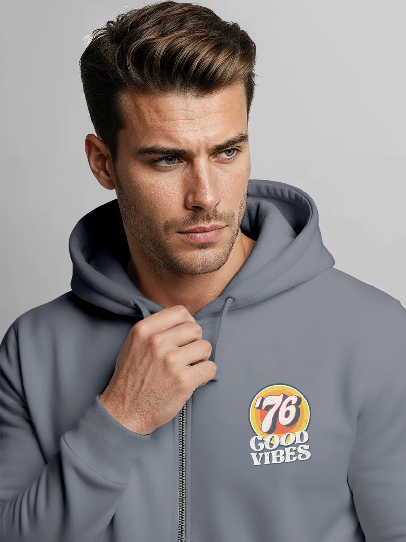 Zip-Hoodie Herren Retro Sweatjacke mit Kapuze Good Vibes Logo Motiv Zipjacke Männer Fashion Streetstyle