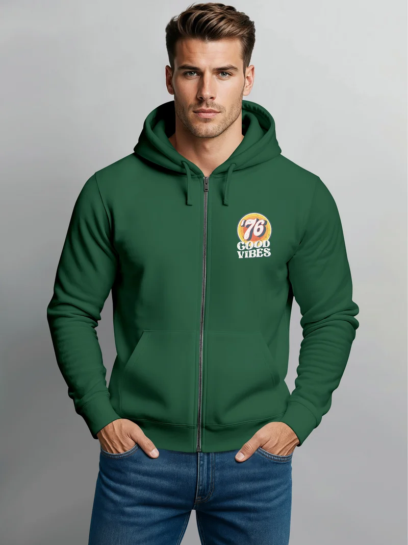 Zip-Hoodie Herren Retro Sweatjacke mit Kapuze Good Vibes Logo Motiv Zipjacke Männer Fashion Streetstyle